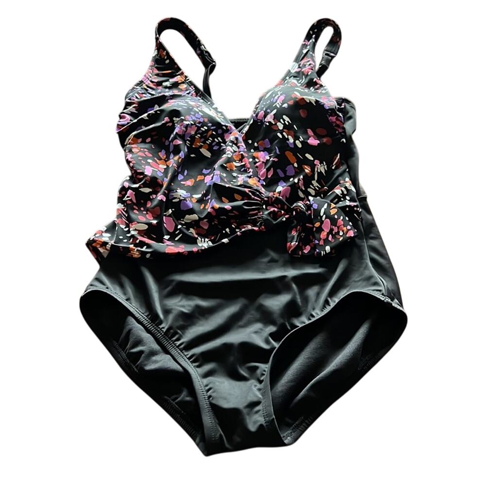 Embrace Your Curves Size S 4/6 Black One Piece Swimsuit with Print Overlay NWT - Picture 4 of 10